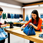 **

A vibrant, artistic workshop scene showcasing the upcycling process. Discarded denim is being transformed into trendy bags with sewing machines and creative tools visible. In the background, young, environmentally conscious consumers are admiring the finished products. The overall style should be bright, modern, and inspiring.

**
